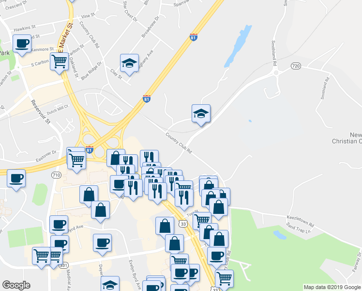 map of restaurants, bars, coffee shops, grocery stores, and more near 1559 Country Club Road in Harrisonburg