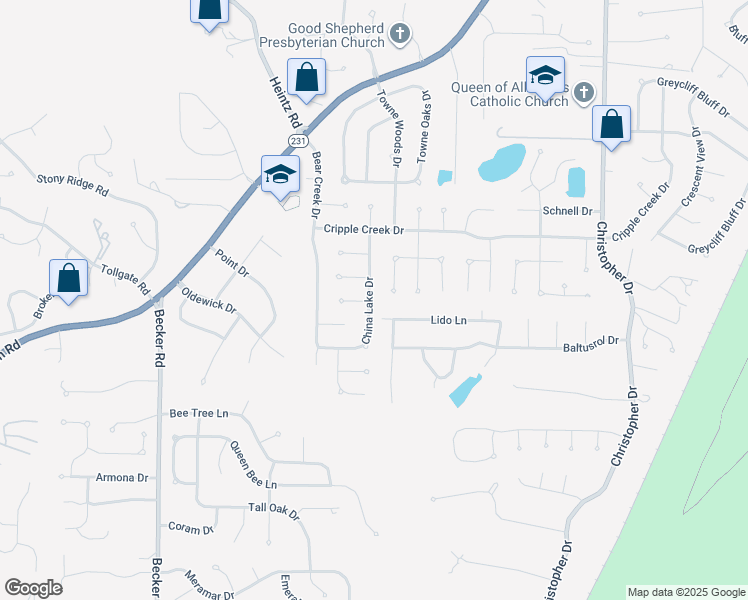 map of restaurants, bars, coffee shops, grocery stores, and more near 6850 China Lake Drive in St. Louis