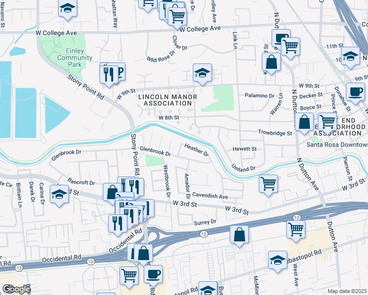 map of restaurants, bars, coffee shops, grocery stores, and more near 116 Heather Drive in Santa Rosa
