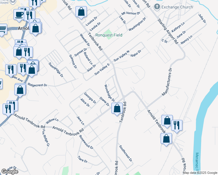 map of restaurants, bars, coffee shops, grocery stores, and more near 810 Delwood Court in Arnold