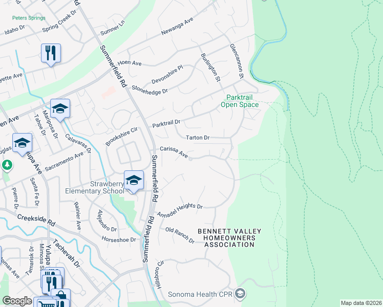 map of restaurants, bars, coffee shops, grocery stores, and more near 4742 Bradford Court in Santa Rosa