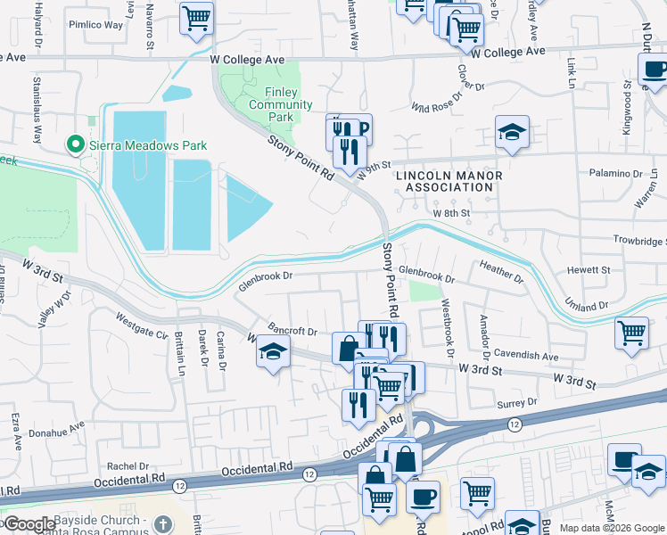 map of restaurants, bars, coffee shops, grocery stores, and more near 1733 Glenbrook Drive in Santa Rosa
