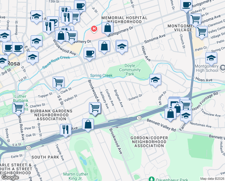 map of restaurants, bars, coffee shops, grocery stores, and more near 733 Brigham Avenue in Santa Rosa