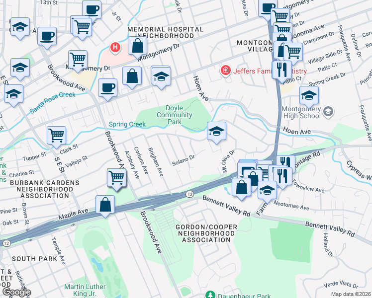 map of restaurants, bars, coffee shops, grocery stores, and more near 716 Green Way in Santa Rosa