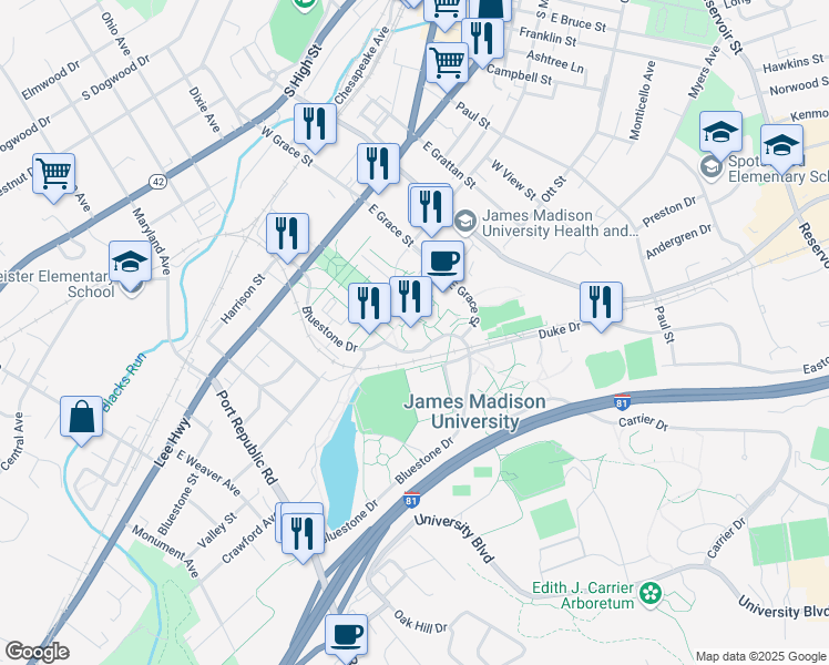 map of restaurants, bars, coffee shops, grocery stores, and more near in Harrisonburg