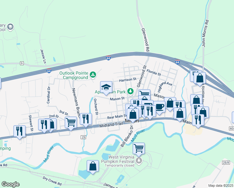 map of restaurants, bars, coffee shops, grocery stores, and more near 1249 Pike Street in Milton