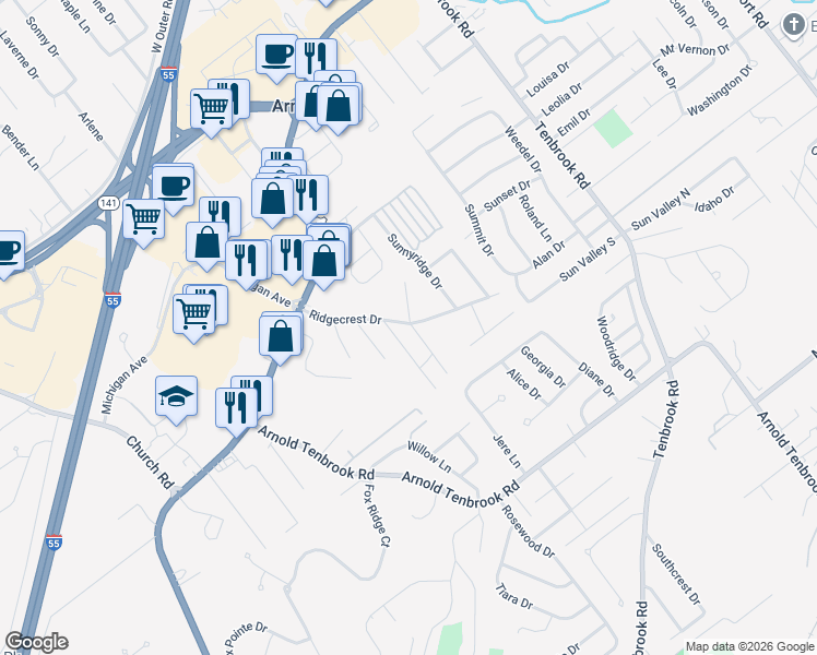 map of restaurants, bars, coffee shops, grocery stores, and more near 2408 Ridgecrest Drive in Arnold