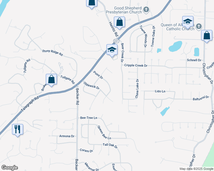 map of restaurants, bars, coffee shops, grocery stores, and more near 2944 Point Drive in St. Louis