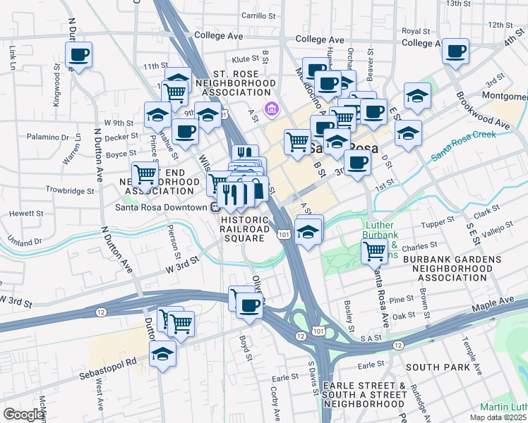 map of restaurants, bars, coffee shops, grocery stores, and more near 130 4th Street in Santa Rosa