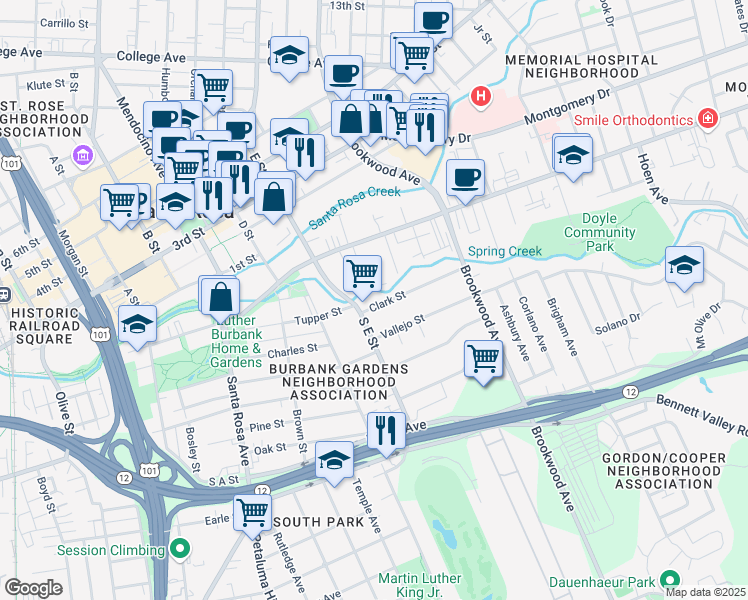 map of restaurants, bars, coffee shops, grocery stores, and more near 907 Clark St in Santa Rosa