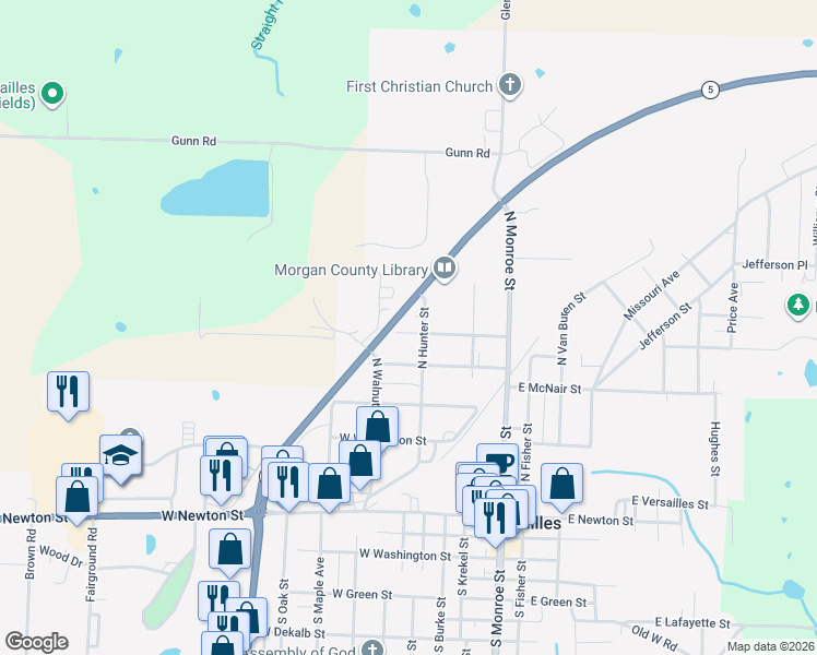 map of restaurants, bars, coffee shops, grocery stores, and more near 403 West Magnolia Street in Versailles