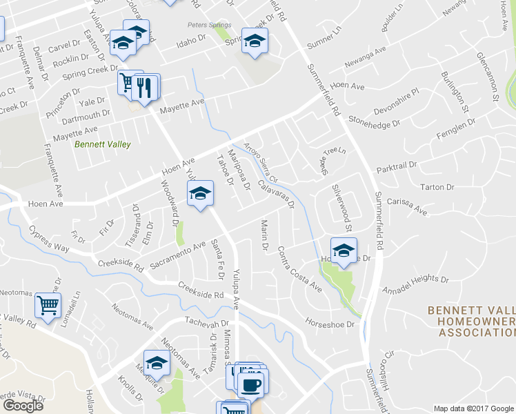 map of restaurants, bars, coffee shops, grocery stores, and more near 4110 Trinity Drive in Santa Rosa