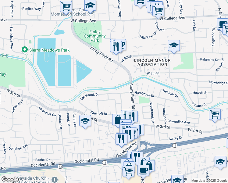 map of restaurants, bars, coffee shops, grocery stores, and more near 1741 Glenbrook Drive in Santa Rosa