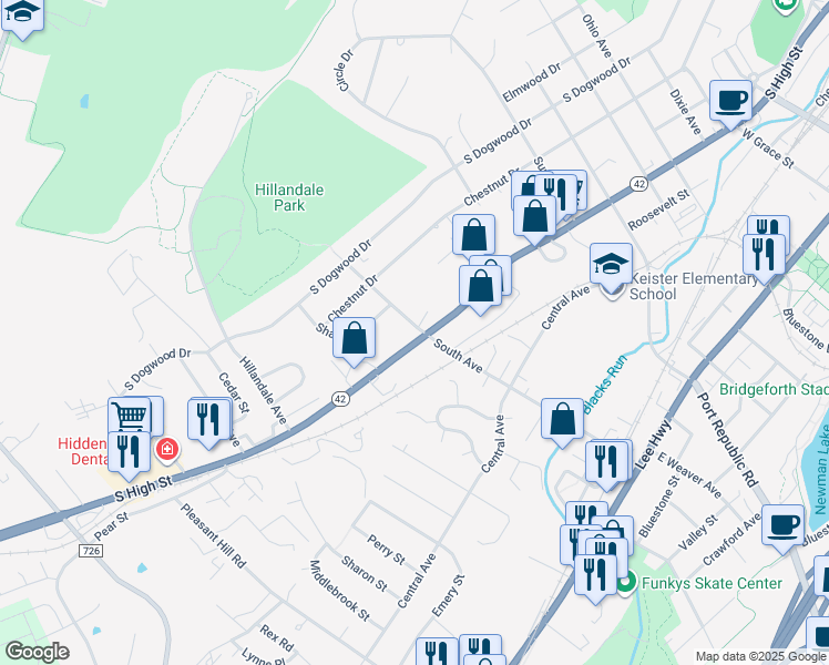map of restaurants, bars, coffee shops, grocery stores, and more near 201 South Avenue in Harrisonburg