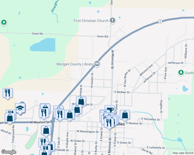 map of restaurants, bars, coffee shops, grocery stores, and more near 307 West Magnolia Street in Versailles