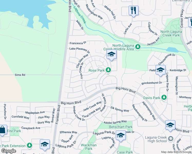 map of restaurants, bars, coffee shops, grocery stores, and more near 5431 Moonlight Way in Elk Grove