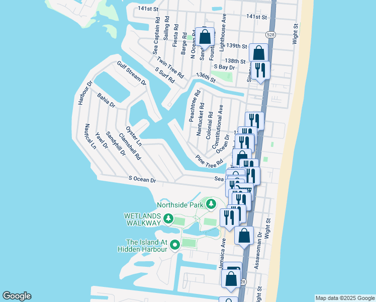 map of restaurants, bars, coffee shops, grocery stores, and more near 155 Pine Tree Road in Ocean City
