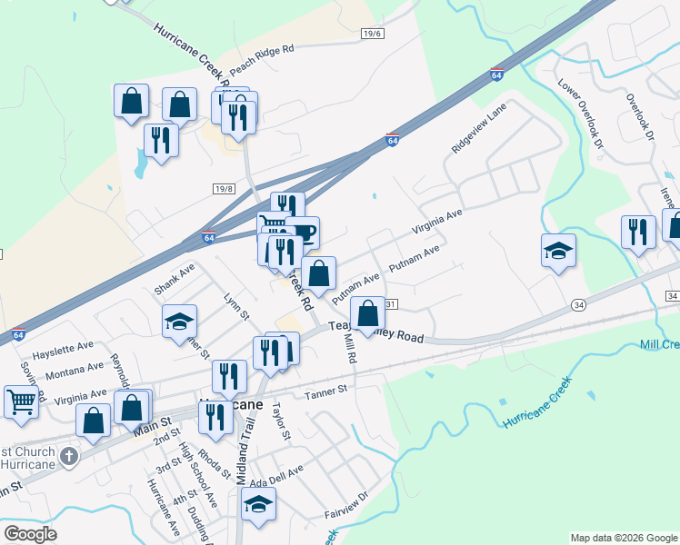 map of restaurants, bars, coffee shops, grocery stores, and more near 3121 Virginia Avenue in Hurricane