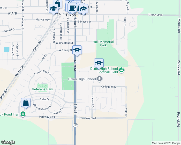 map of restaurants, bars, coffee shops, grocery stores, and more near 915 Orchard Drive in Dixon