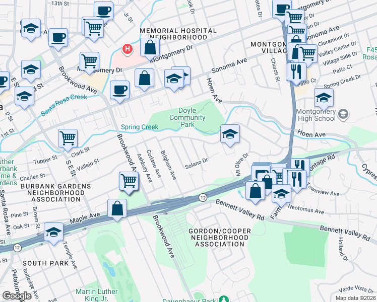 map of restaurants, bars, coffee shops, grocery stores, and more near 716 Green Way in Santa Rosa
