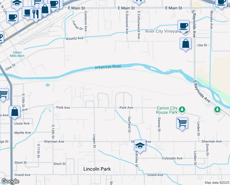 map of restaurants, bars, coffee shops, grocery stores, and more near 692 Ridgewood Road in Cañon City