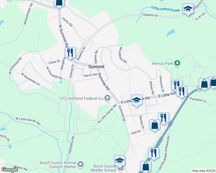 map of restaurants, bars, coffee shops, grocery stores, and more near 573-805 Summitt Rd in Ashland