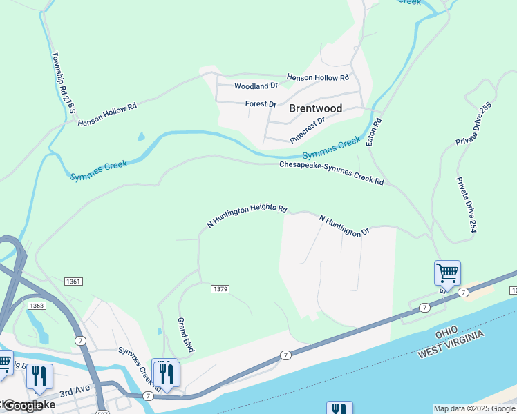 map of restaurants, bars, coffee shops, grocery stores, and more near 1402 North Huntington Heights Road in Chesapeake