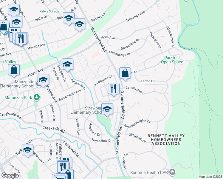 map of restaurants, bars, coffee shops, grocery stores, and more near 4229 Leafwood Circle East in Santa Rosa