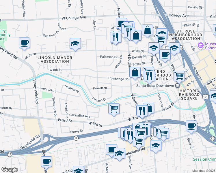 map of restaurants, bars, coffee shops, grocery stores, and more near 410 Umland Drive in Santa Rosa