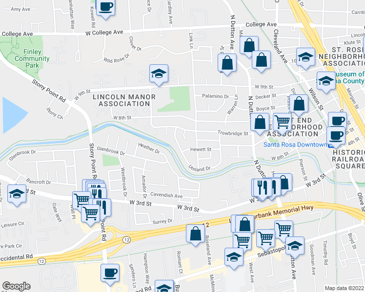 map of restaurants, bars, coffee shops, grocery stores, and more near 741 Hewett Street in Santa Rosa