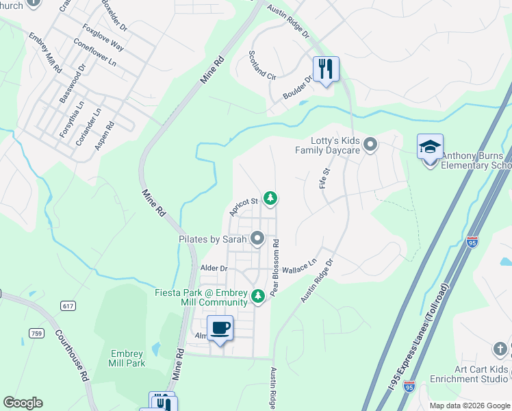 map of restaurants, bars, coffee shops, grocery stores, and more near 161 Gardenia Drive in Stafford