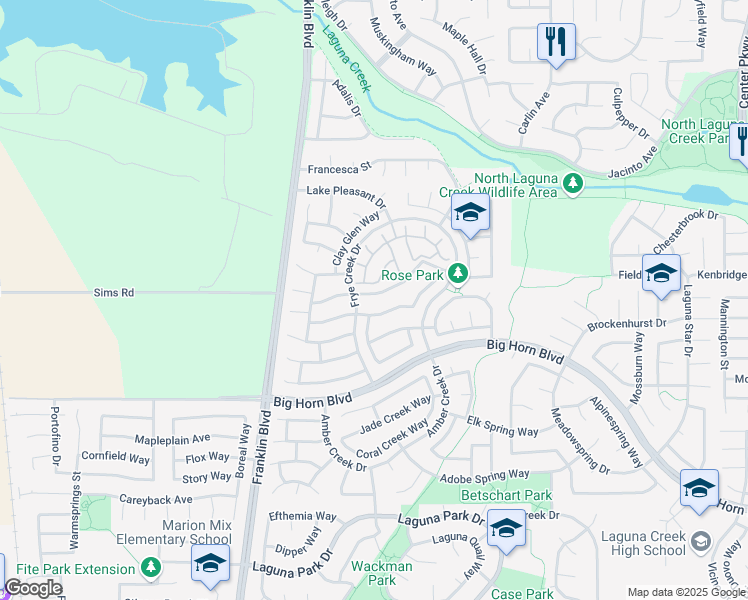 map of restaurants, bars, coffee shops, grocery stores, and more near 5400 Deepdale Way in Elk Grove