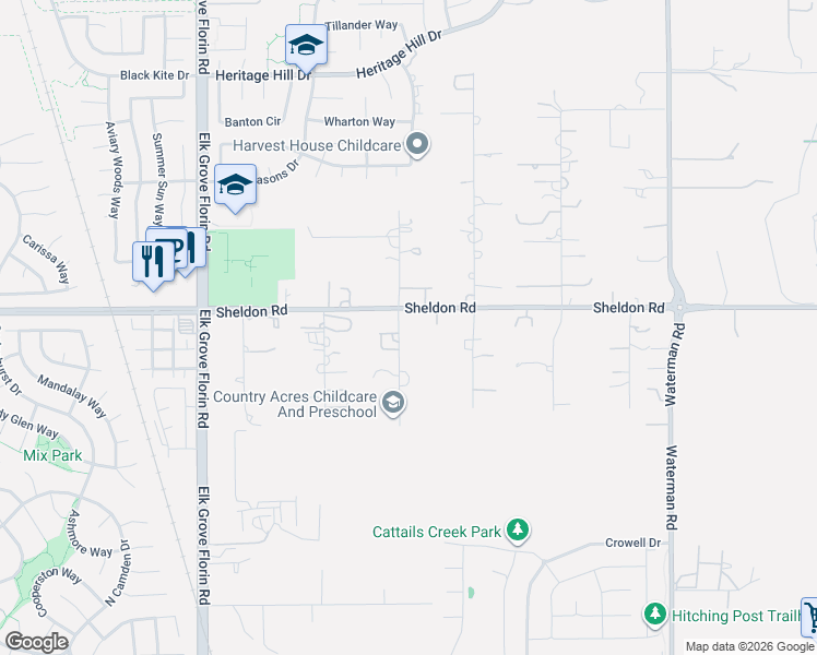 map of restaurants, bars, coffee shops, grocery stores, and more near 8811 Country Hill Court in Elk Grove