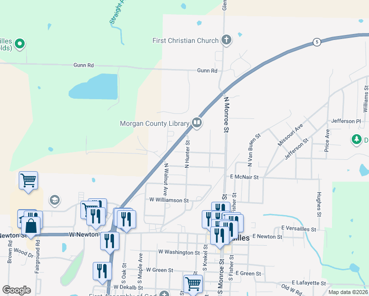 map of restaurants, bars, coffee shops, grocery stores, and more near 403 West Magnolia Street in Versailles