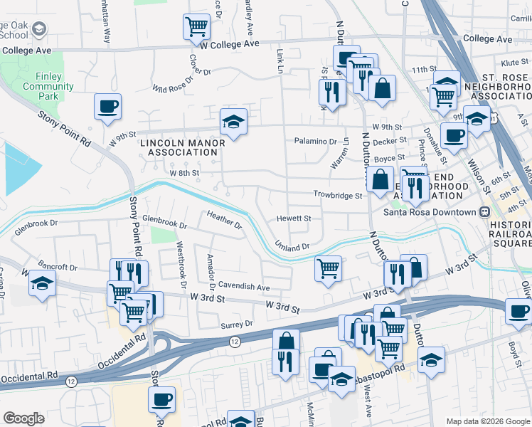 map of restaurants, bars, coffee shops, grocery stores, and more near 741 Hewett Street in Santa Rosa