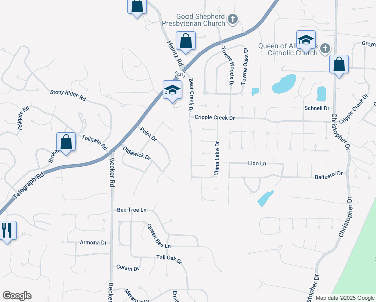 map of restaurants, bars, coffee shops, grocery stores, and more near 6855 Bear Creek Drive in Saint Louis