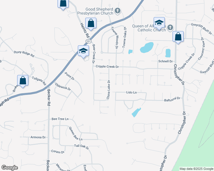 map of restaurants, bars, coffee shops, grocery stores, and more near 6850 China Lake Drive in St. Louis