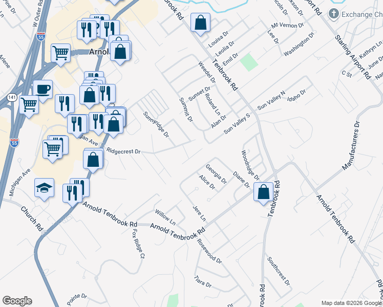 map of restaurants, bars, coffee shops, grocery stores, and more near 941 Loretta Drive in Arnold
