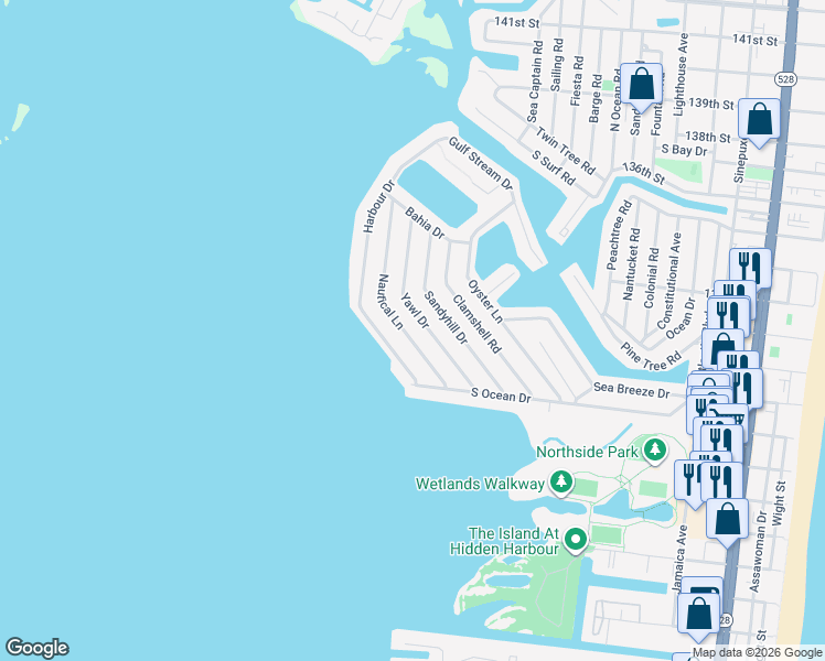 map of restaurants, bars, coffee shops, grocery stores, and more near 150 Nautical Lane in Ocean City