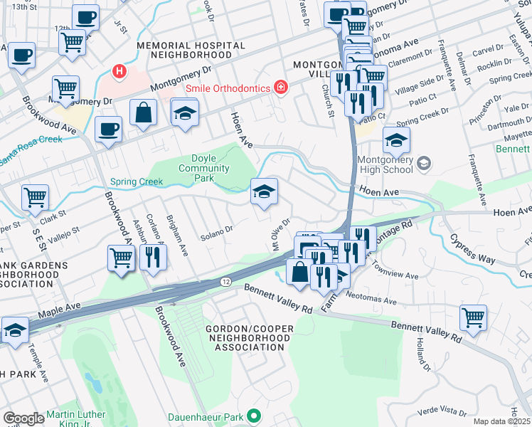 map of restaurants, bars, coffee shops, grocery stores, and more near 1850 Vallejo Street in Santa Rosa
