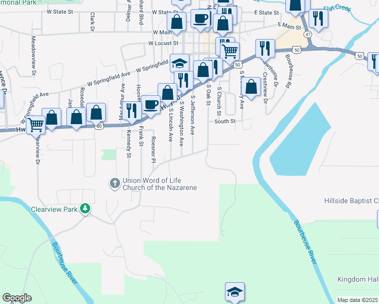 map of restaurants, bars, coffee shops, grocery stores, and more near 619 South Jefferson Avenue in Union