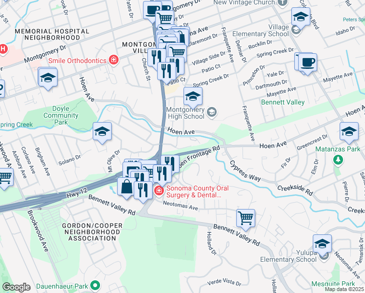 map of restaurants, bars, coffee shops, grocery stores, and more near 2565 Vallejo Street in Santa Rosa