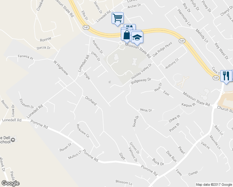 map of restaurants, bars, coffee shops, grocery stores, and more near 1995 Ridgeway Drive in Arnold