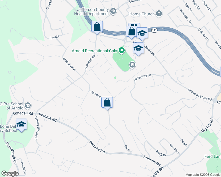 map of restaurants, bars, coffee shops, grocery stores, and more near 1830 Engle in Arnold