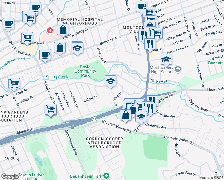 map of restaurants, bars, coffee shops, grocery stores, and more near 1850 Vallejo Street in Santa Rosa