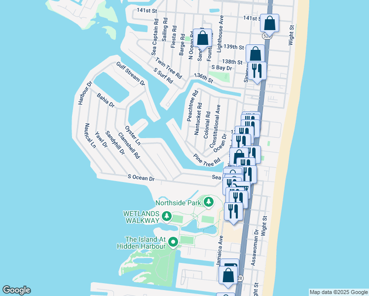 map of restaurants, bars, coffee shops, grocery stores, and more near 155 Pine Tree Road in Ocean City