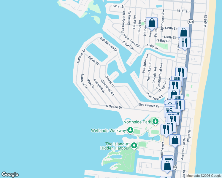 map of restaurants, bars, coffee shops, grocery stores, and more near 144 Clamshell Road in Ocean City