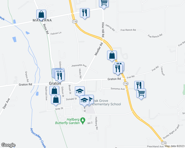 map of restaurants, bars, coffee shops, grocery stores, and more near 8657 Jeannette Avenue in Sebastopol