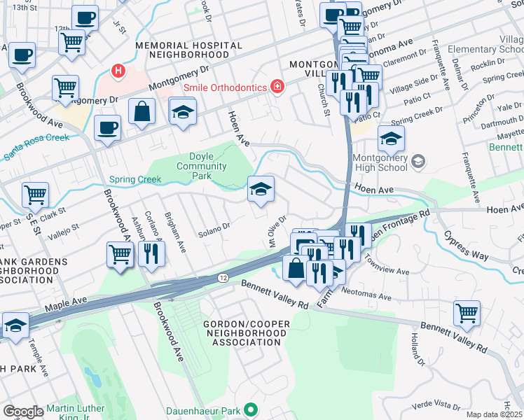 map of restaurants, bars, coffee shops, grocery stores, and more near 1850 Vallejo Street in Santa Rosa