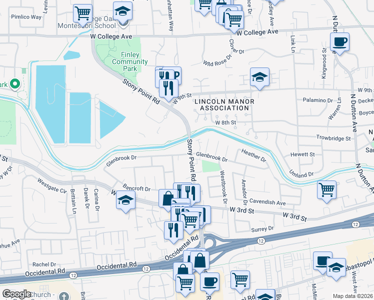 map of restaurants, bars, coffee shops, grocery stores, and more near 155 Stony Point Road in Santa Rosa